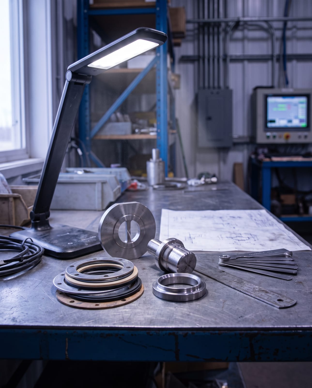 Valve trim laid out on an instrument bench, a plug and seat ring, trim parts in different materials and a machined orifice plate, with a steel rule alongside.