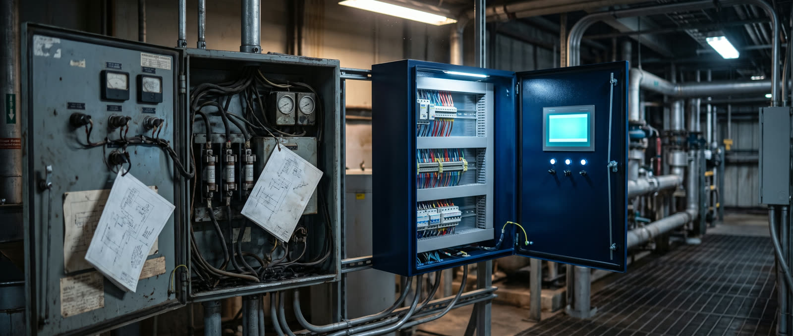 An old control panel with legacy wiring beside a newly installed panel with modern ferruled wiring and DIN rail.