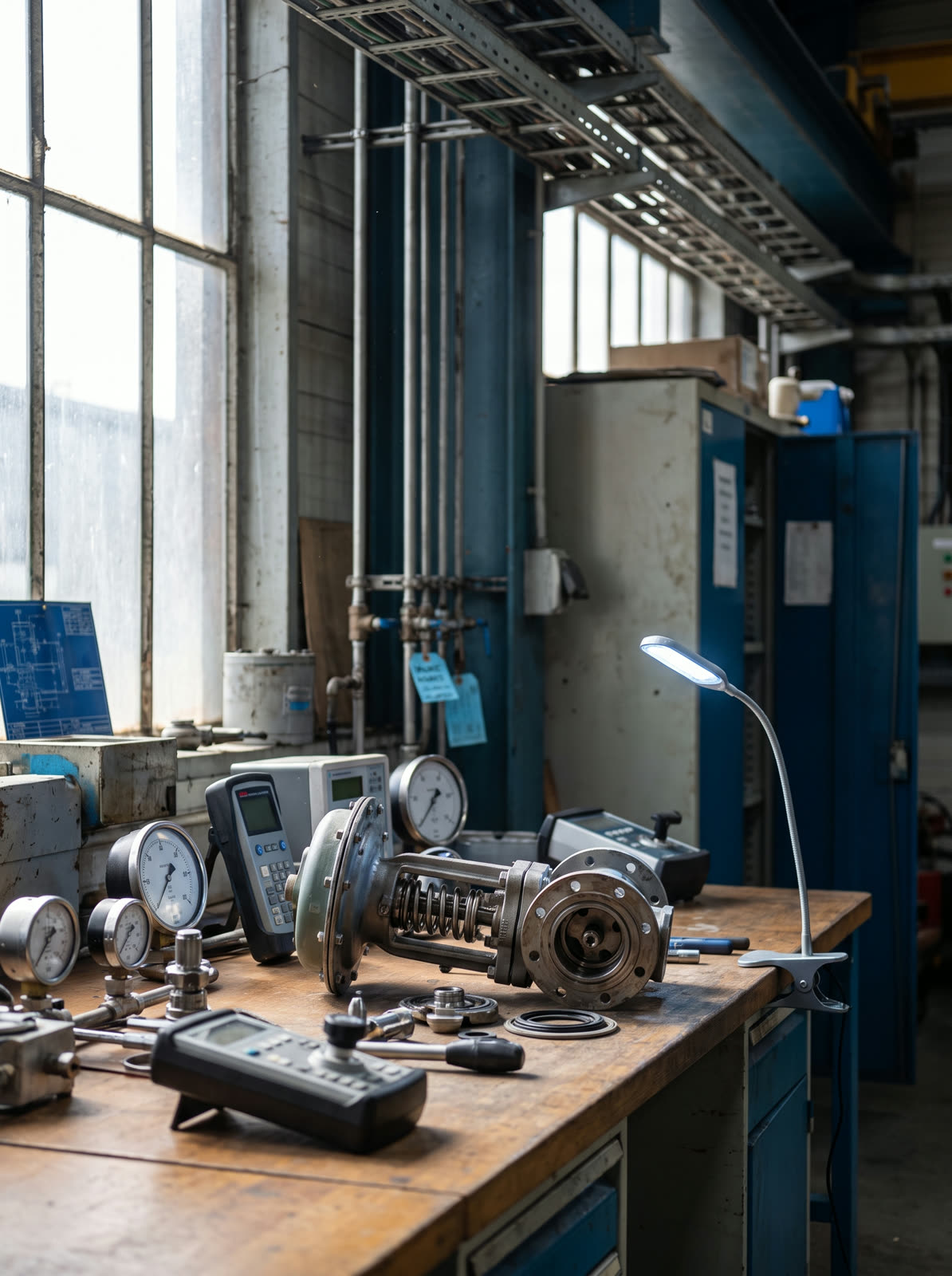An instrument workshop bench with calibration equipment and a partly disassembled valve, daylight from the left, no people.