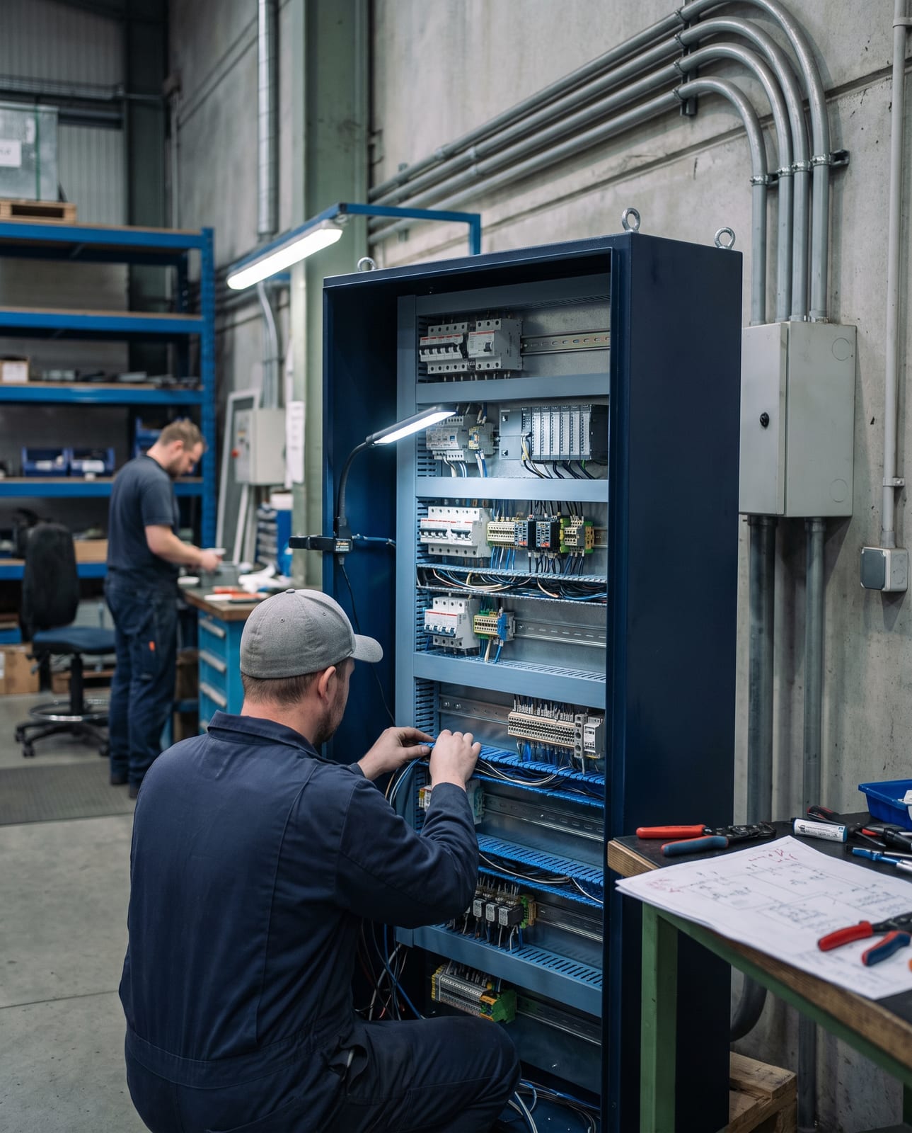 A control panel under build in a panel shop, a navy enclosure with DIN rail carrying breakers, relays and IO modules, wiring dressed into trunking.