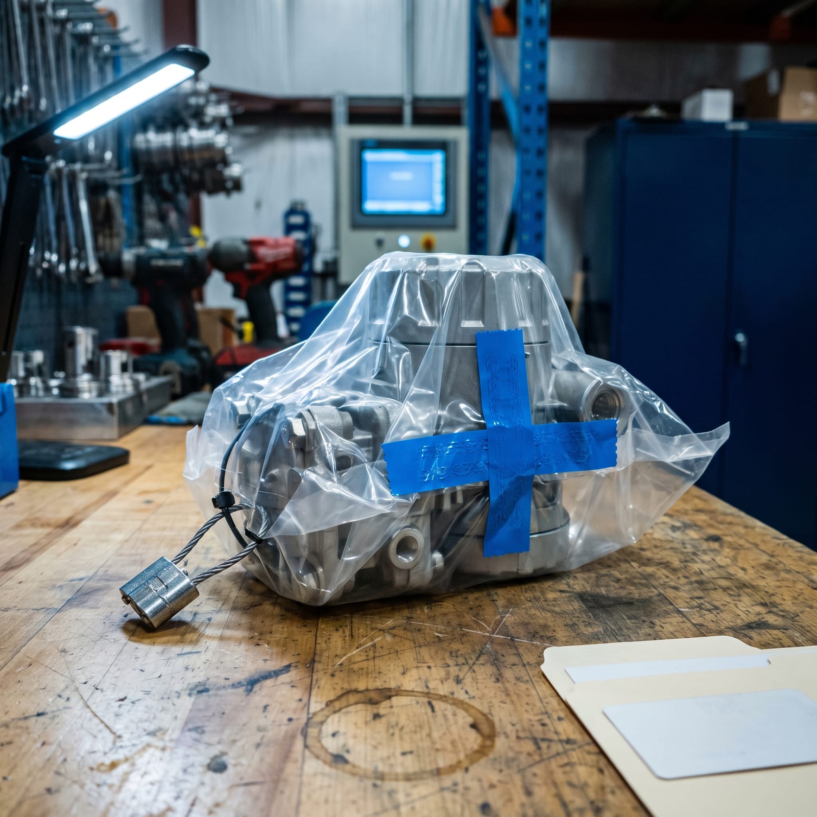A newly unboxed field instrument in its factory polythene wrap, secured with a wire-and-lead security seal, on a workshop bench with tools and a task lamp behind.