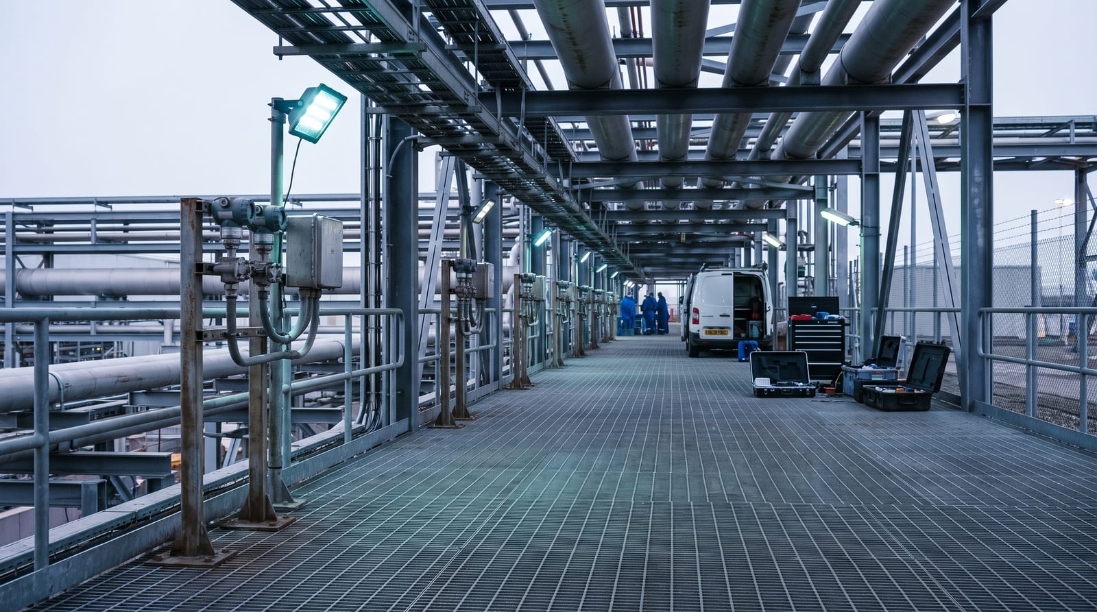 A wide plant walkway early in the shift, instrument stands and junction boxes along the handrail, a pipe rack overhead and instrument cases at the far end.