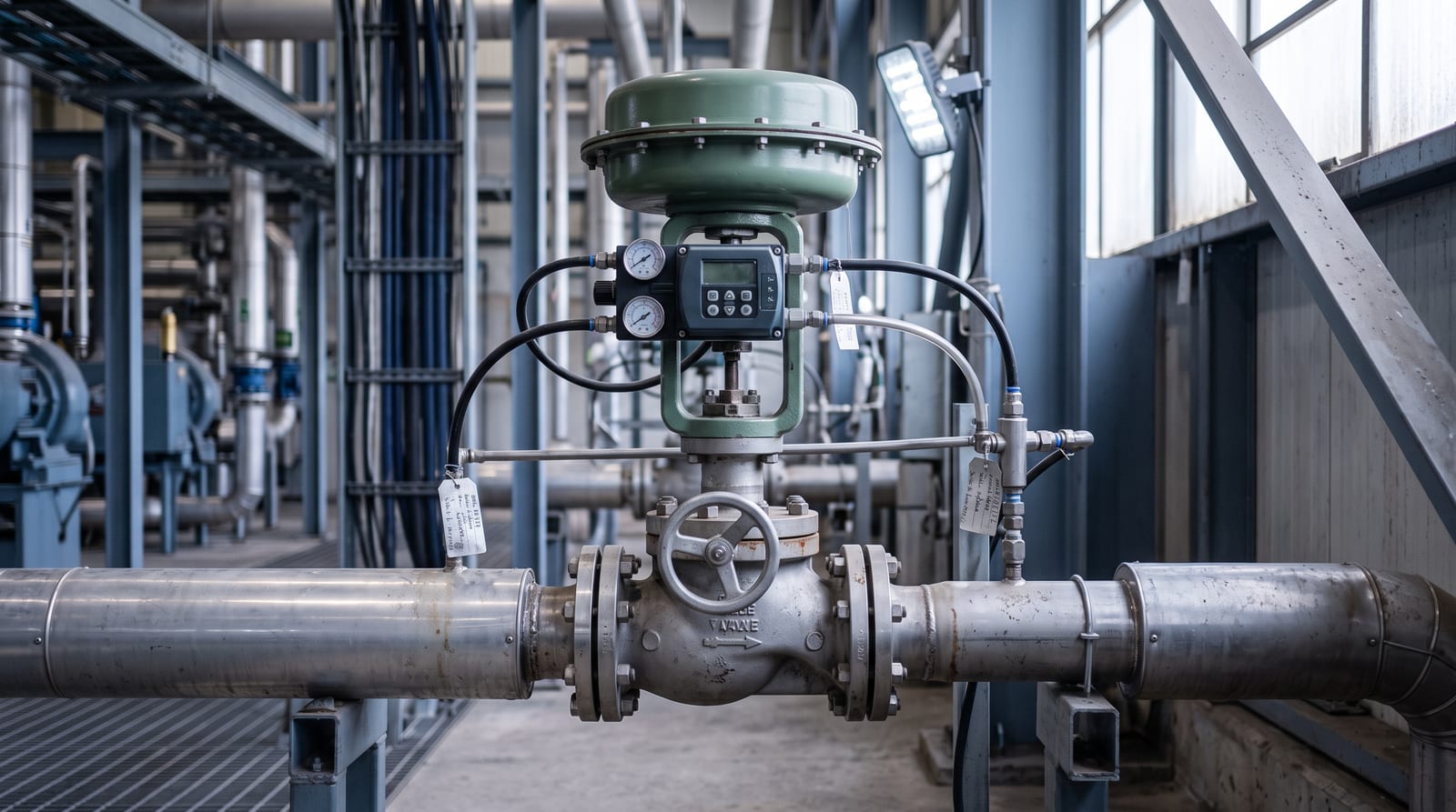 A globe control valve with a pneumatic diaphragm actuator and a digital positioner on the yoke, air tubing running to the positioner.
