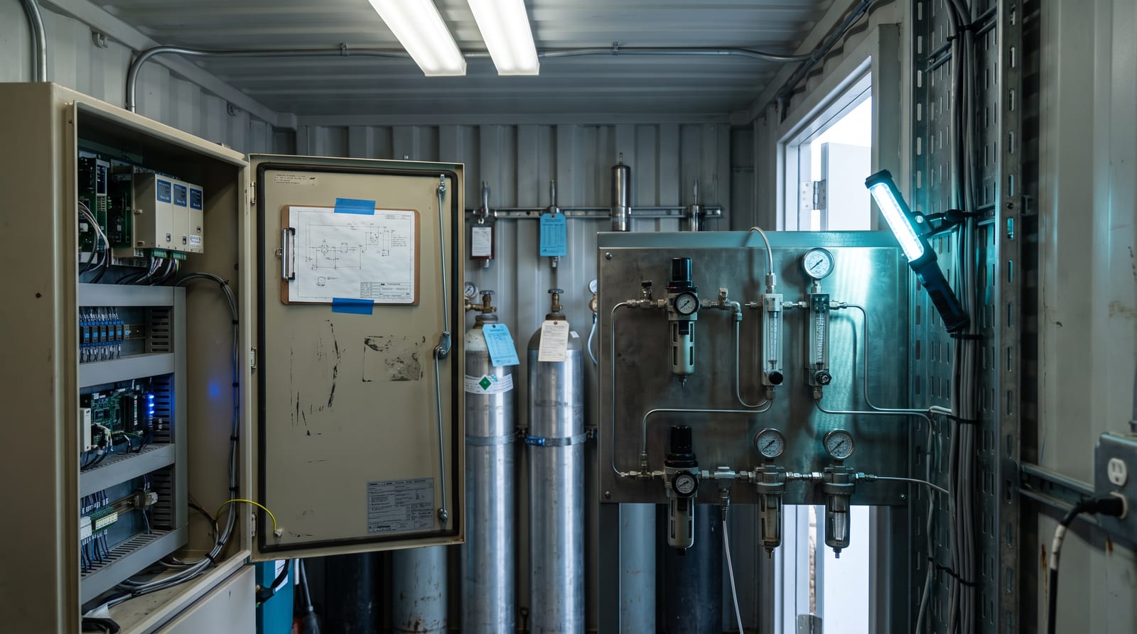 The interior of a gas analyser house, a stainless sample conditioning panel of regulators, filters and rotameters beside an open analyser cabinet.