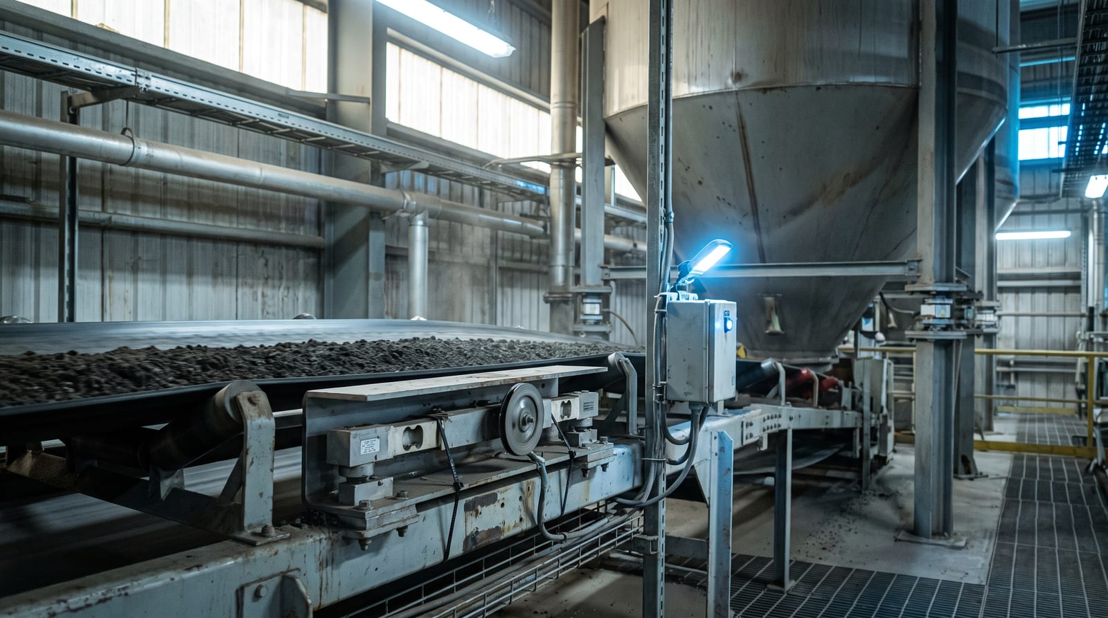 A belt weigher under a conveyor carrying dry bulk solids, its load-cell weigh frame and speed sensor visible, a load-cell mounted silo behind.