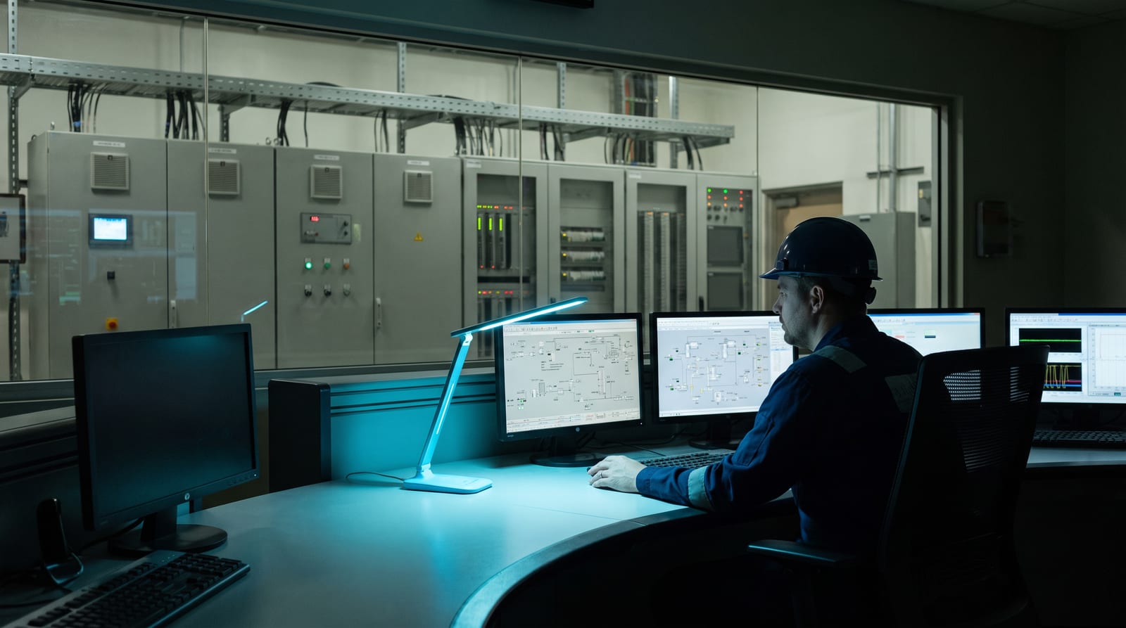A process control room seen from behind the operator desk, a console of screens showing process graphics and a row of control cabinets beyond the glass wall.