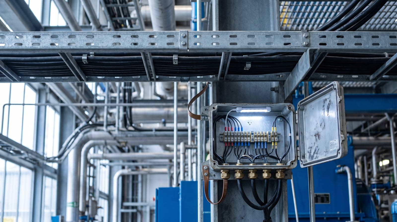 A galvanised cable ladder carrying armoured instrument cables, an opened junction box below showing ferruled terminals, glands and earth bonding.