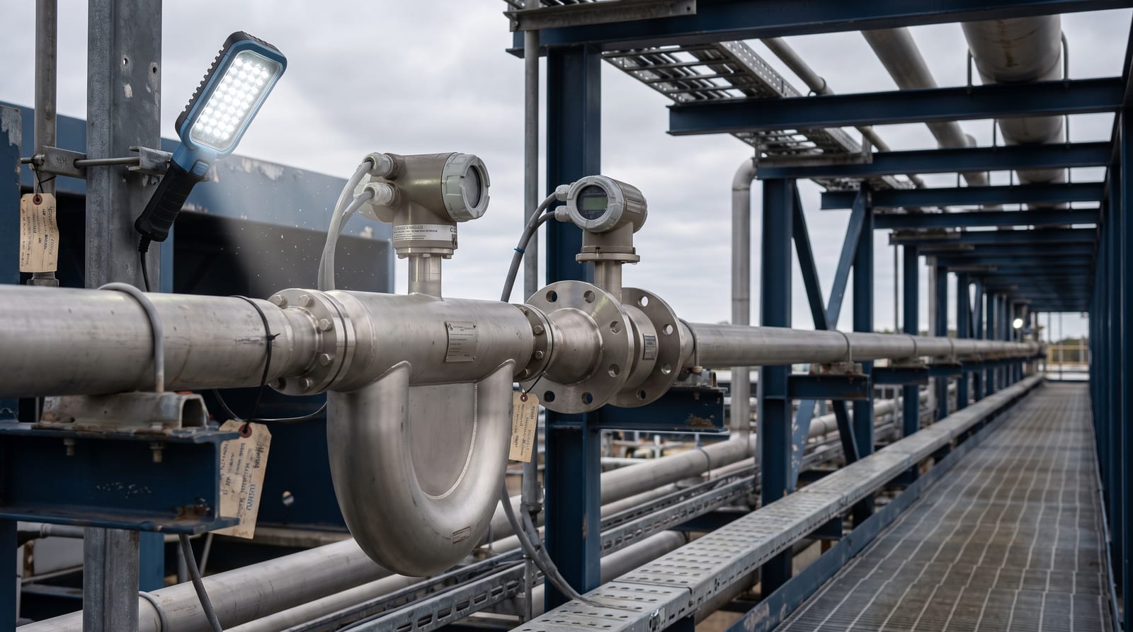 A Coriolis mass flow meter and a magnetic flow meter installed in line on a stainless steel process pipe run, transmitter heads and cable glands visible.