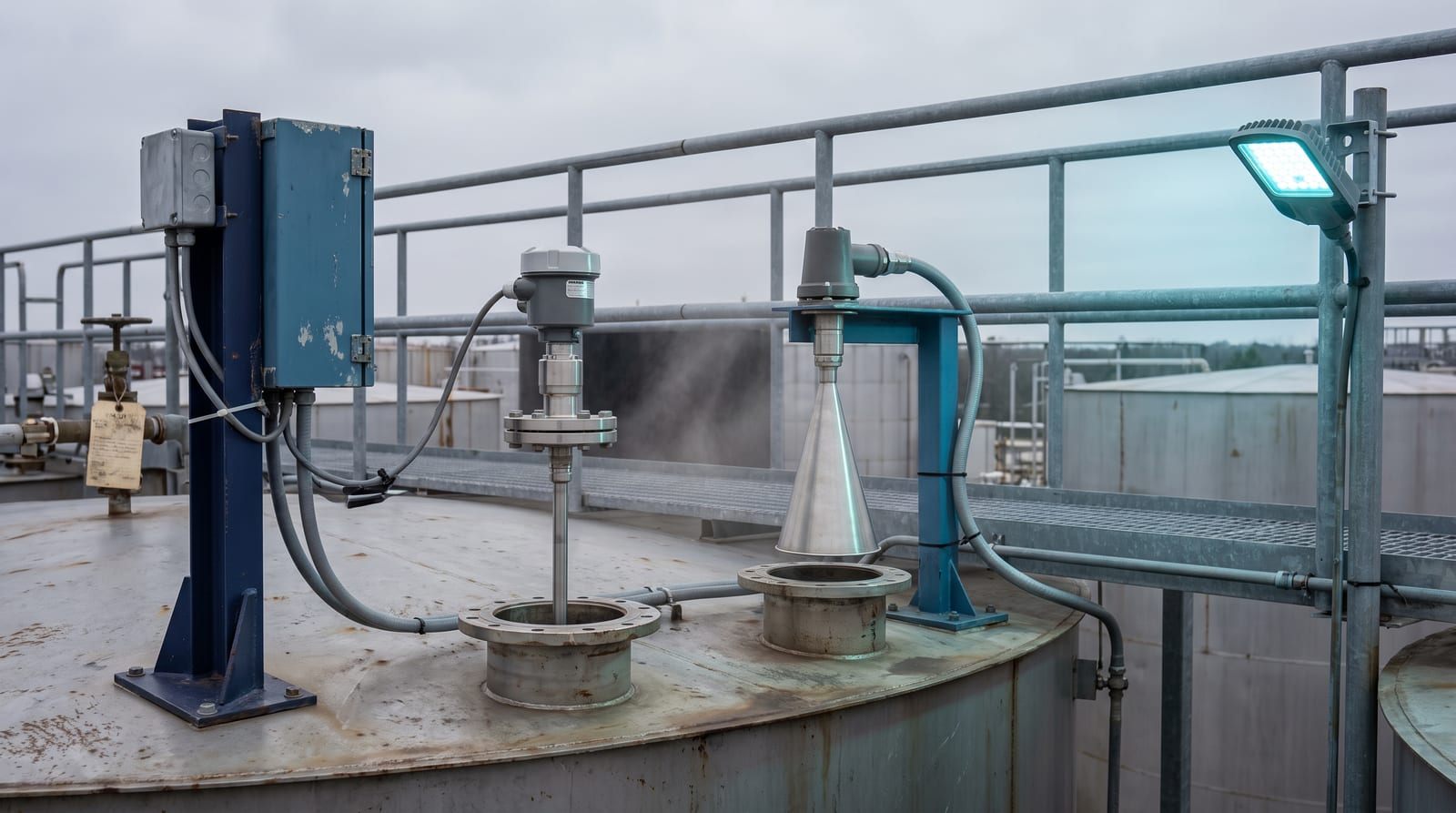 A guided wave radar level transmitter on a storage tank roof nozzle, a horn antenna radar unit on the adjacent nozzle pointing straight down into the tank, handrail and grating behind.