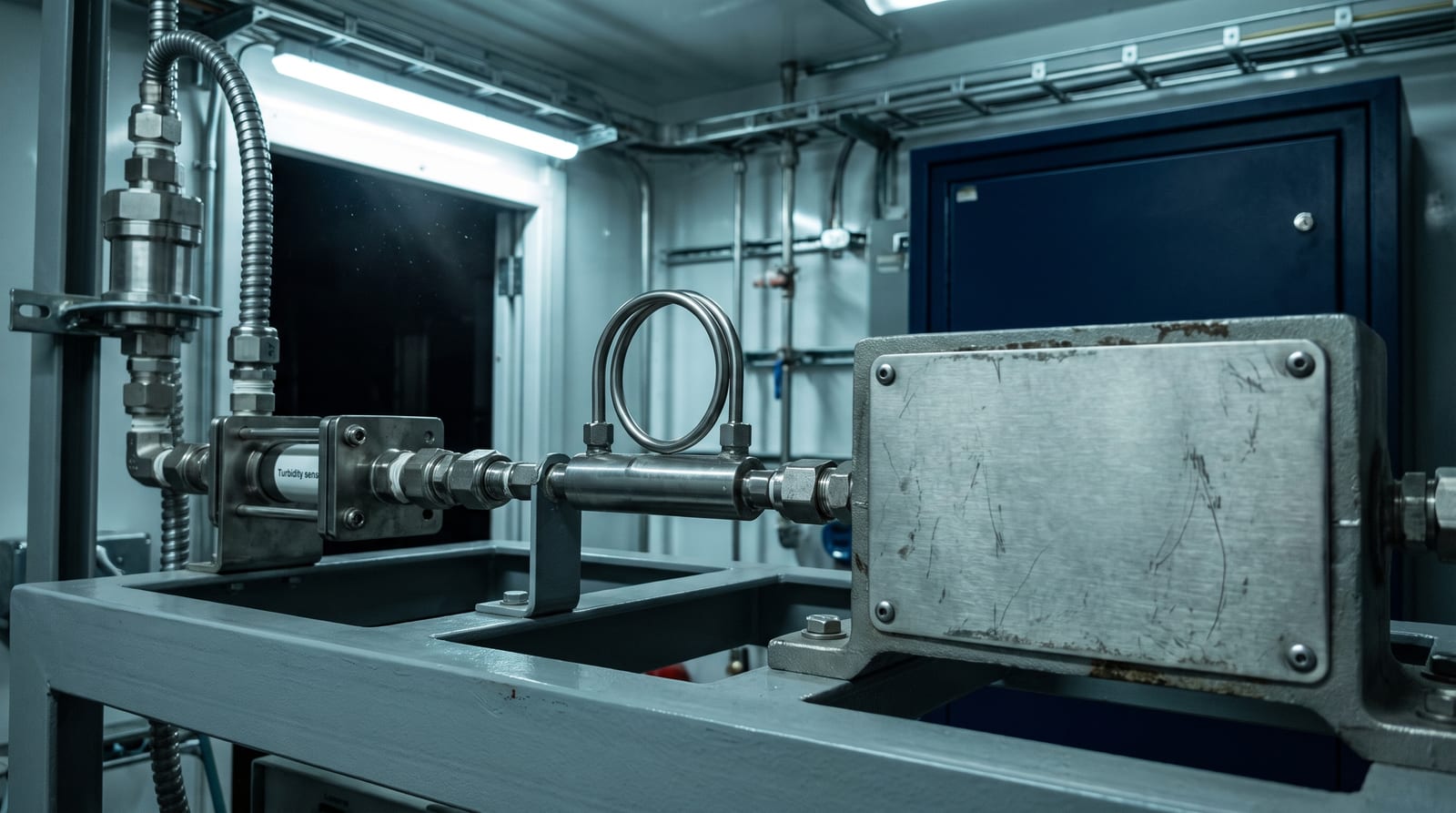 An in-line turbidity sensor and a density and viscosity meter housing connected by stainless tubing on a small-bore sample loop skid, compression fittings and support brackets visible.