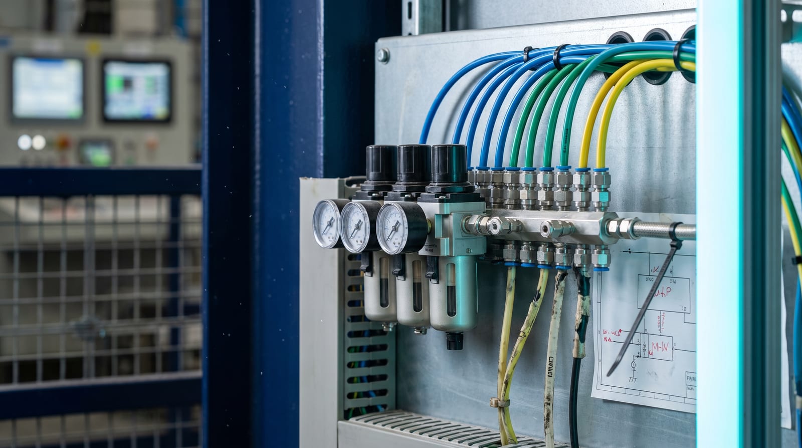 An instrument air panel with a row of filter regulators and gauges on a back-plate, stainless fittings feeding a manifold and pneumatic tubing in parallel runs.