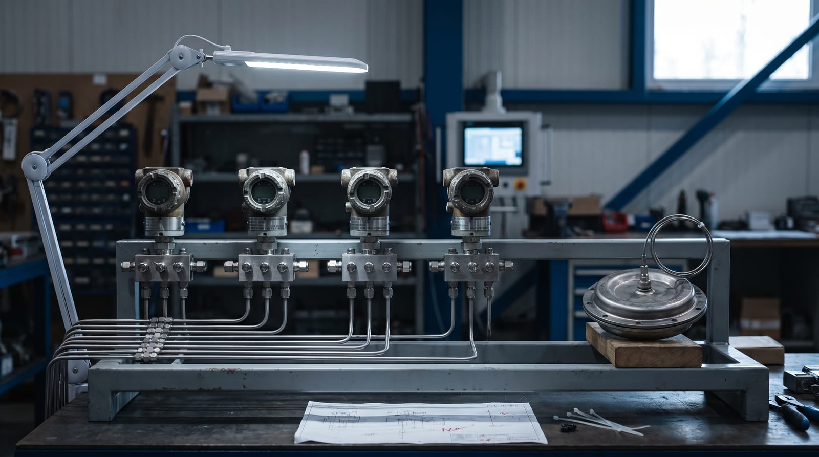 Differential pressure transmitters on five-valve manifolds on an instrument stand, impulse tubing running in neat parallel bends into each manifold.