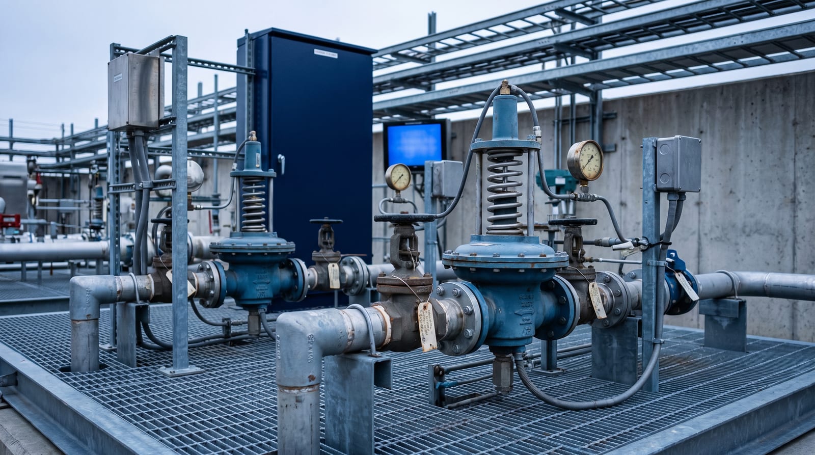 An outdoor pressure regulating station with two self-operated spring-loaded regulators in parallel runs, isolation valves and a pilot line between them.