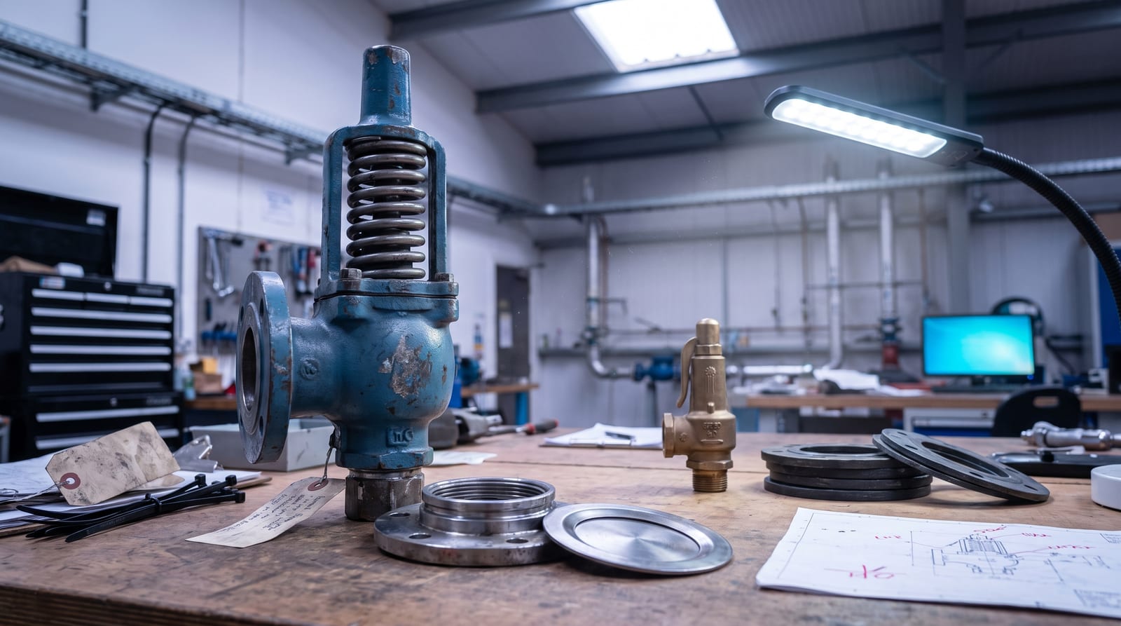 A spring-loaded pressure safety relief valve on a workshop bench beside a rupture disc holder with its disc laid flat, a smaller relief valve behind.