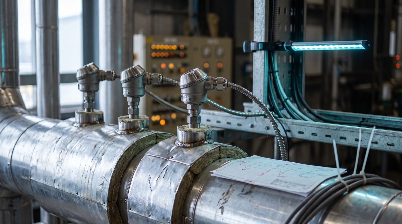 Thermowells welded into insulated process pipework, each carrying a temperature transmitter head with cable gland and armoured cable.