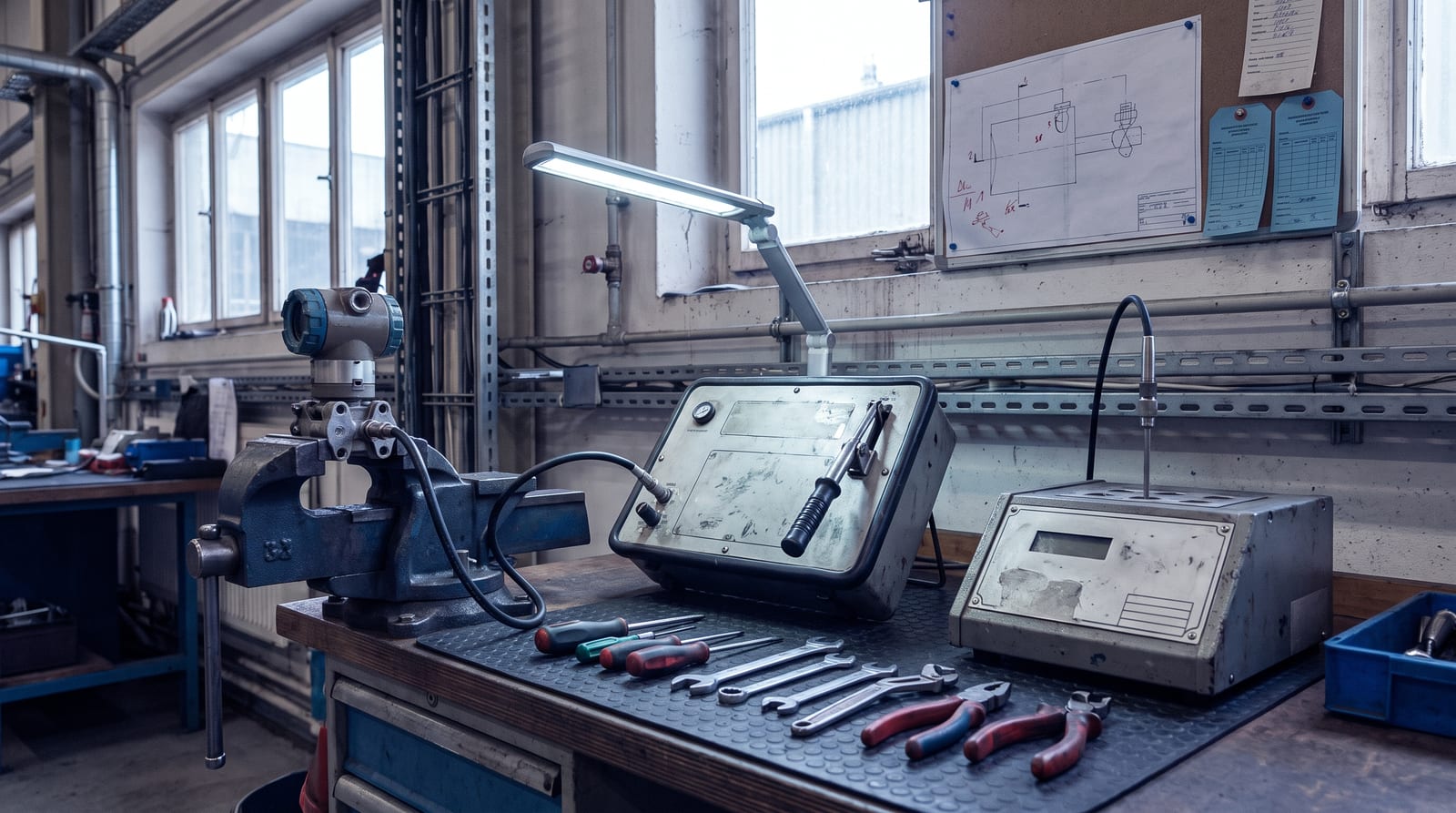 An instrument calibration bench with a portable pressure calibrator and hand pump connected to a transmitter in a vice, a dry-block temperature calibrator beside it.