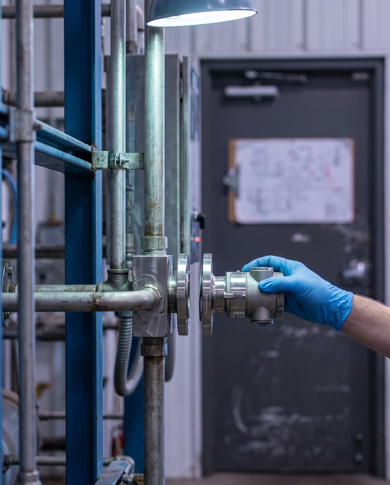 Gloved hands lowering a pressure transmitter onto its process manifold, calibration tag wire visible.