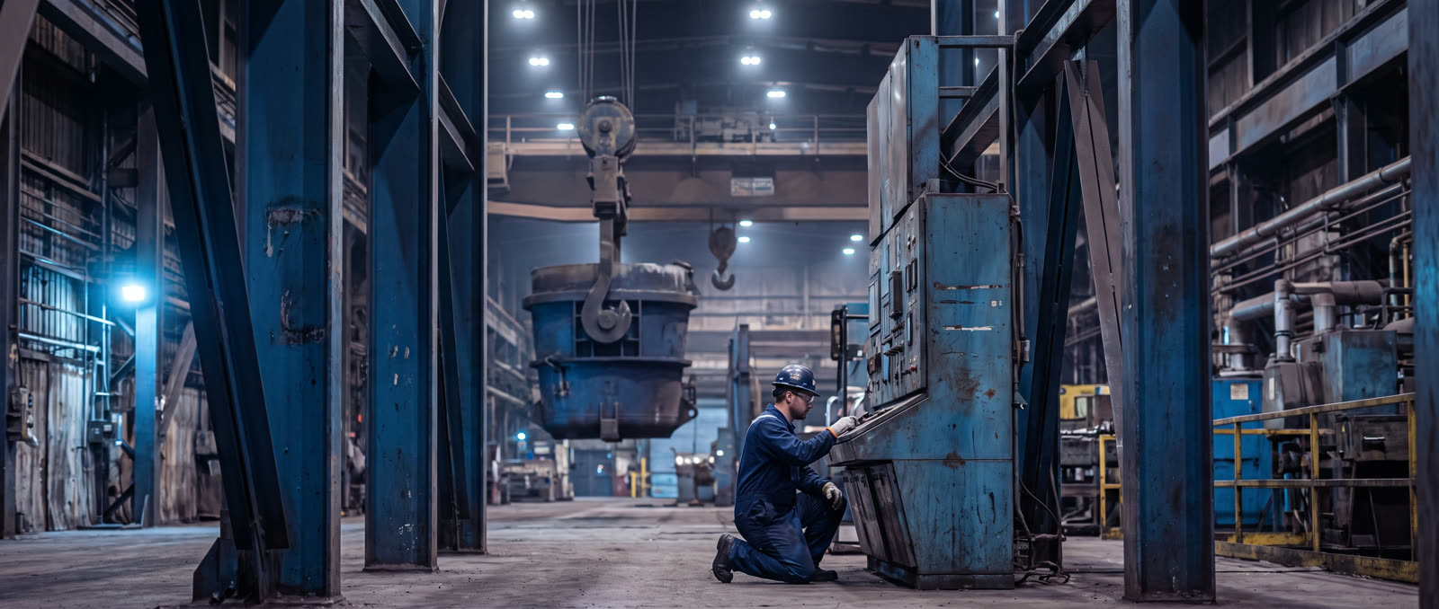 Wide interior of a steel plant mid-shift, a ladle crane in the mid-distance above heavy blue structural steelwork.