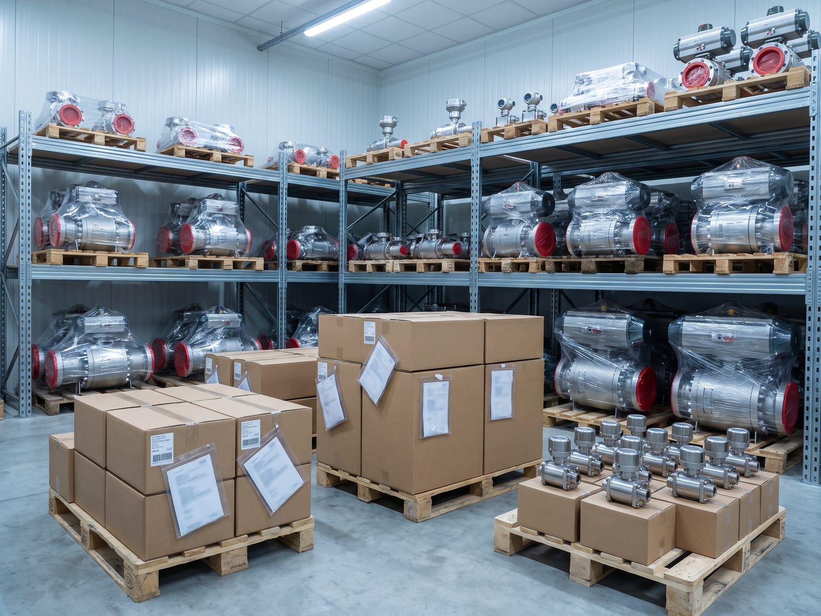 Brand-new actuated ball valves and flow instruments, shrink-wrapped with red flange protectors, on pallets and steel shelving in a clean instrument store.