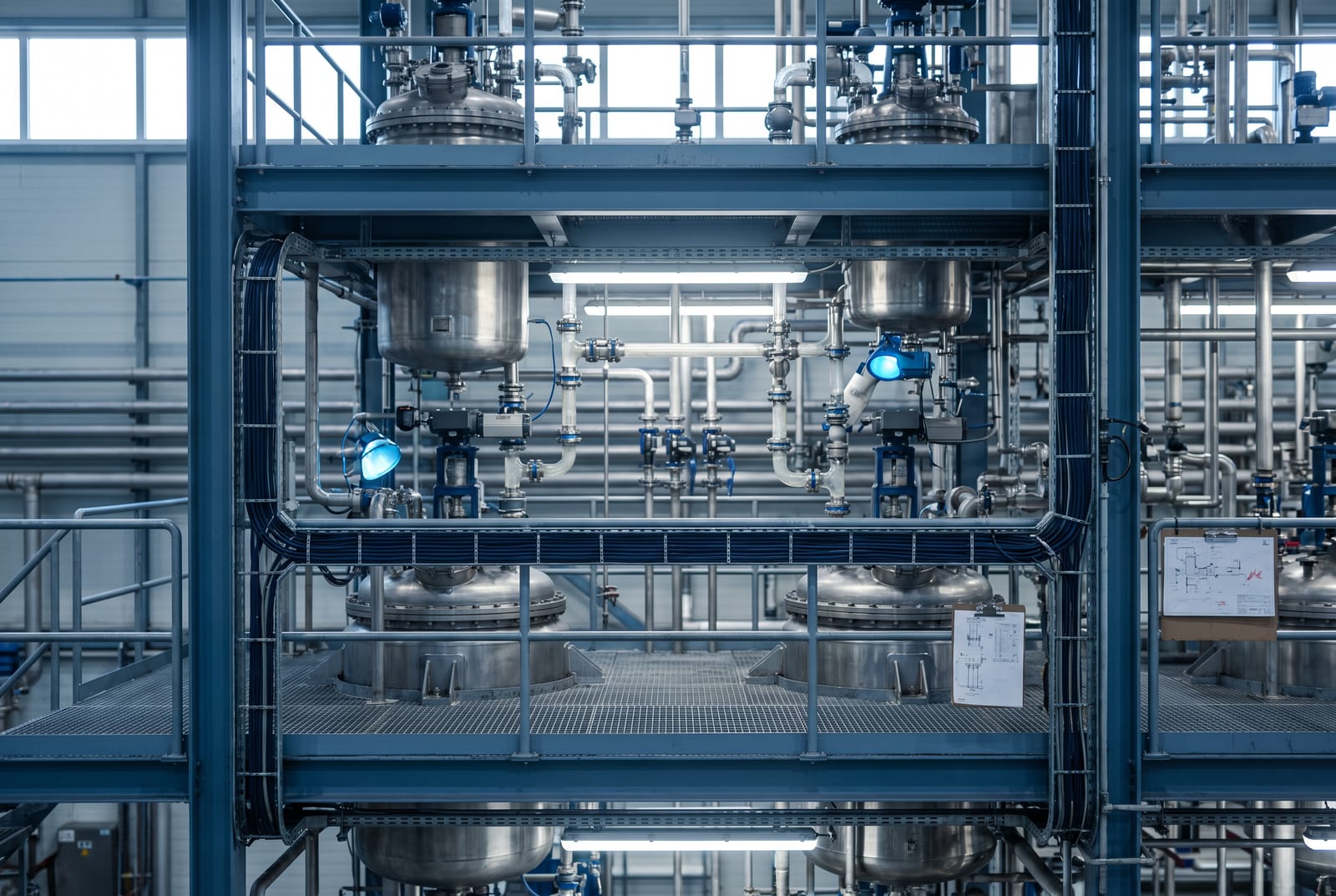 A chemical process structure of stainless reactors and jacketed vessels over three grating levels, diaphragm seal assemblies on the nozzles and control valves in the lines.