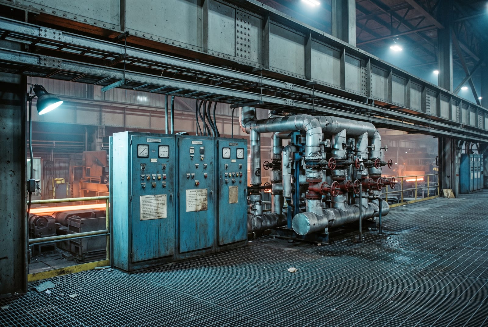 The instrument side of a steel plant, blue local control panels and a water cooling manifold on a walkway with the hot rolling line far behind.