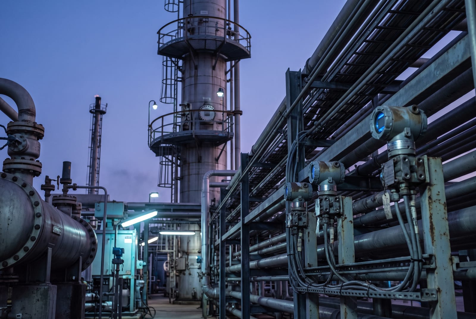 A refinery process unit at dusk, a distillation column with platforms and ladders behind a dense pipe rack carrying instrument stands and transmitters.