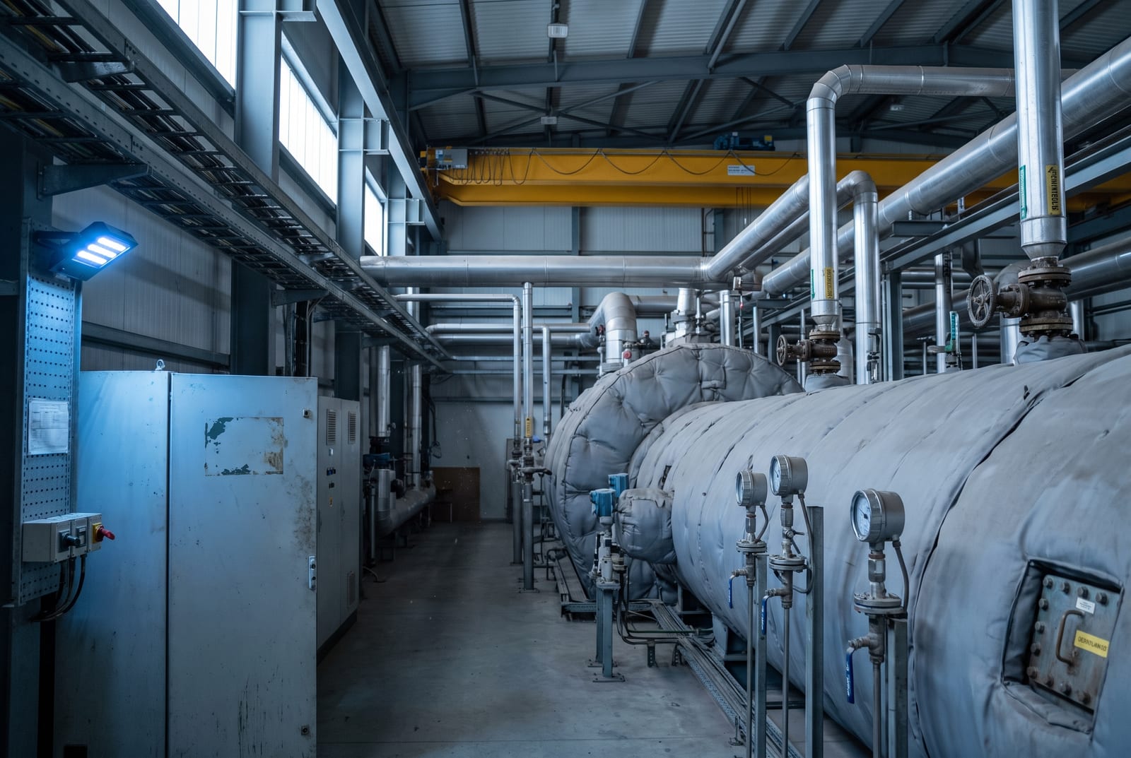 A power plant equipment hall, a row of lagged horizontal pressure vessels with instrument gauges and steam pipework overhead, a control cabinet in the foreground and an overhead travelling crane above.