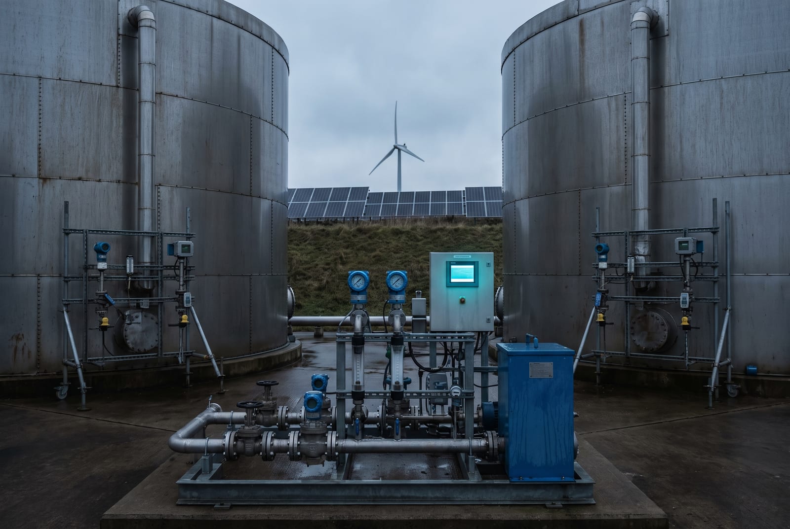 A biogas and solar utility site, digester tanks with instrument stands, a gas conditioning skid with flow meters, solar panels and a wind turbine beyond.