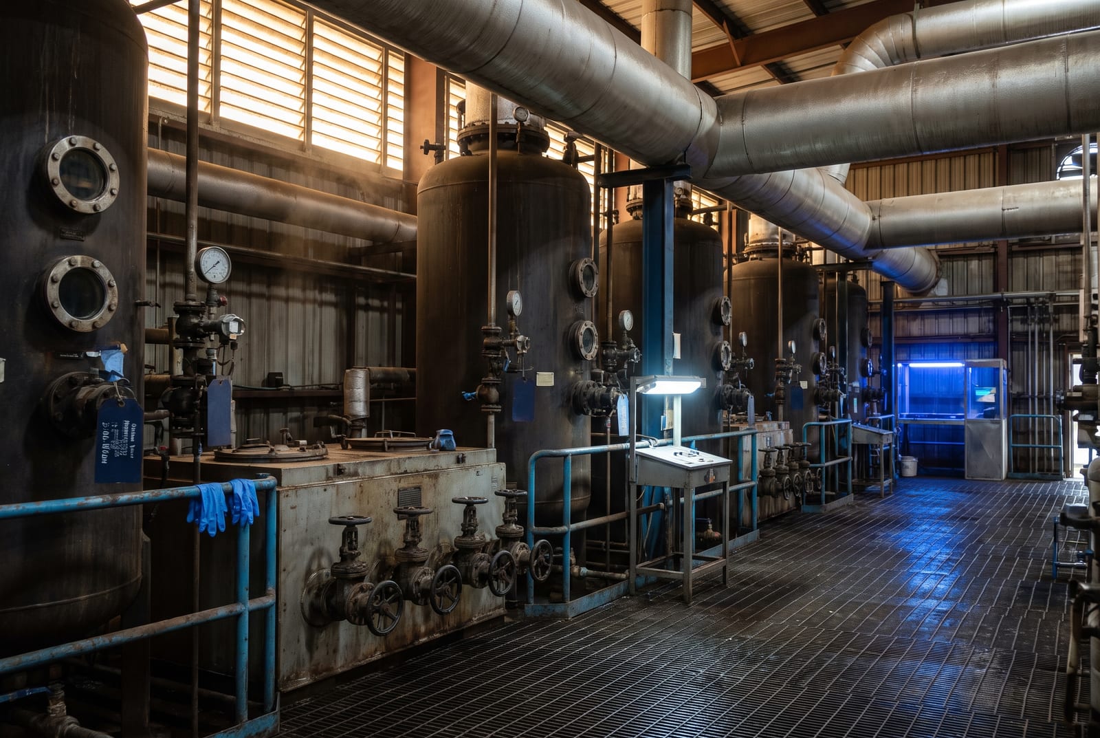The evaporator floor of a sugar mill, tall evaporator vessels with sight glasses and level bridles, steam pipes overhead and control valves at floor level.