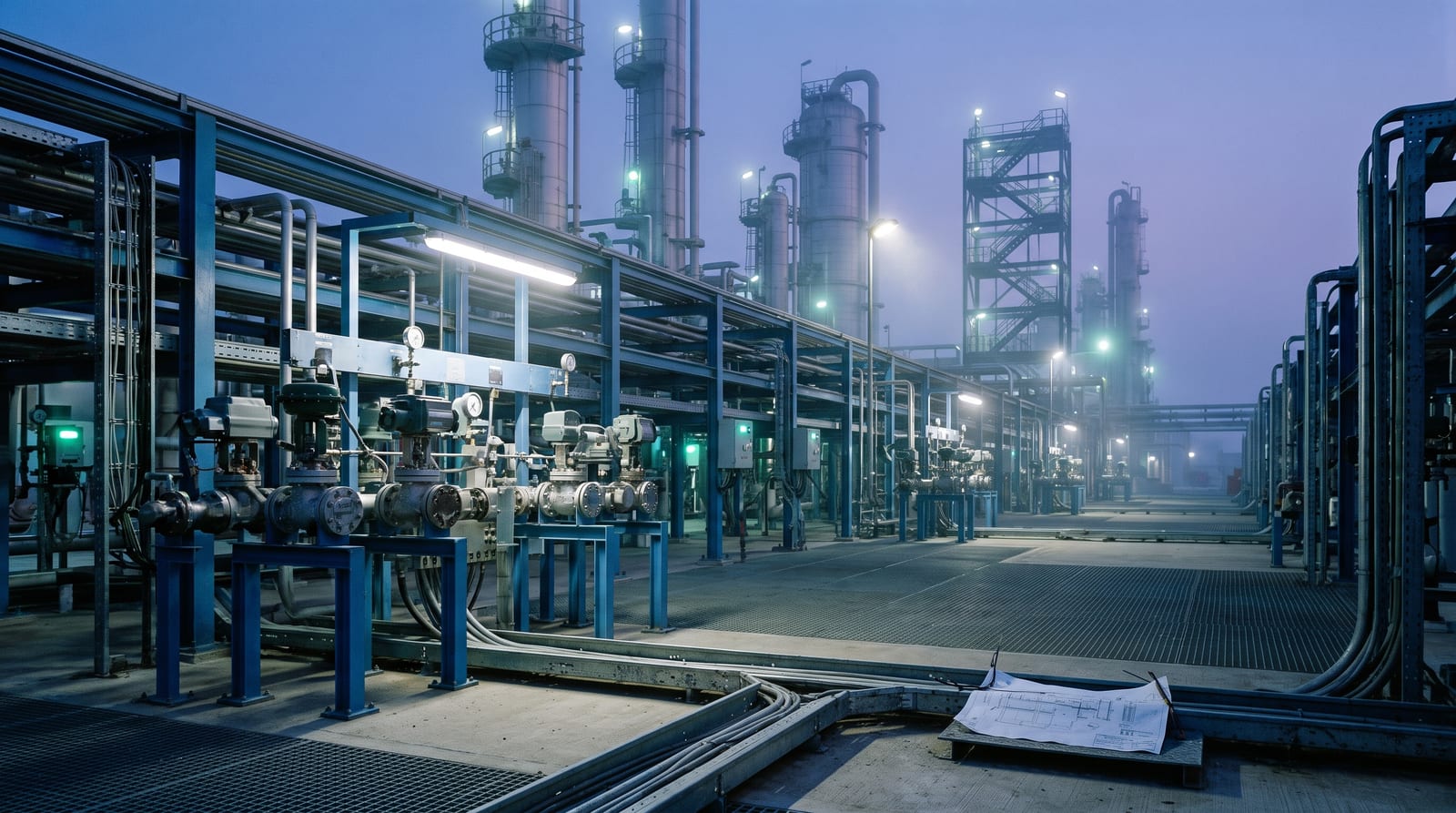 A process plant at blue hour, a multi-level pipe rack running away from camera past a foreground valve manifold station, columns and a stair tower behind.