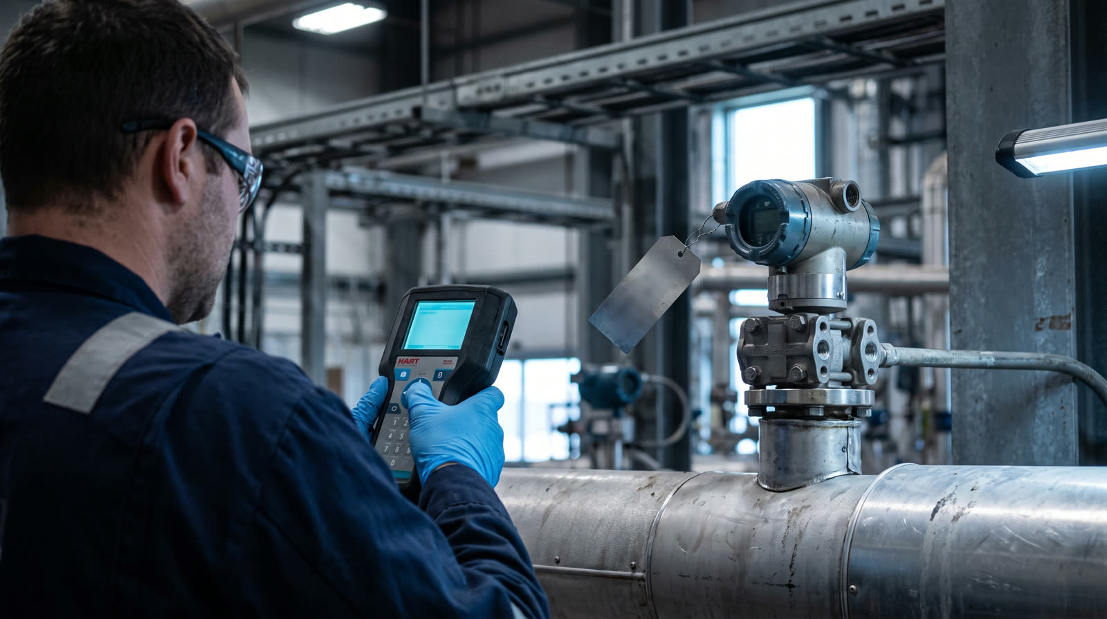 A technician using a handheld HART communicator at a pressure transmitter during loop commissioning, plant structure behind.