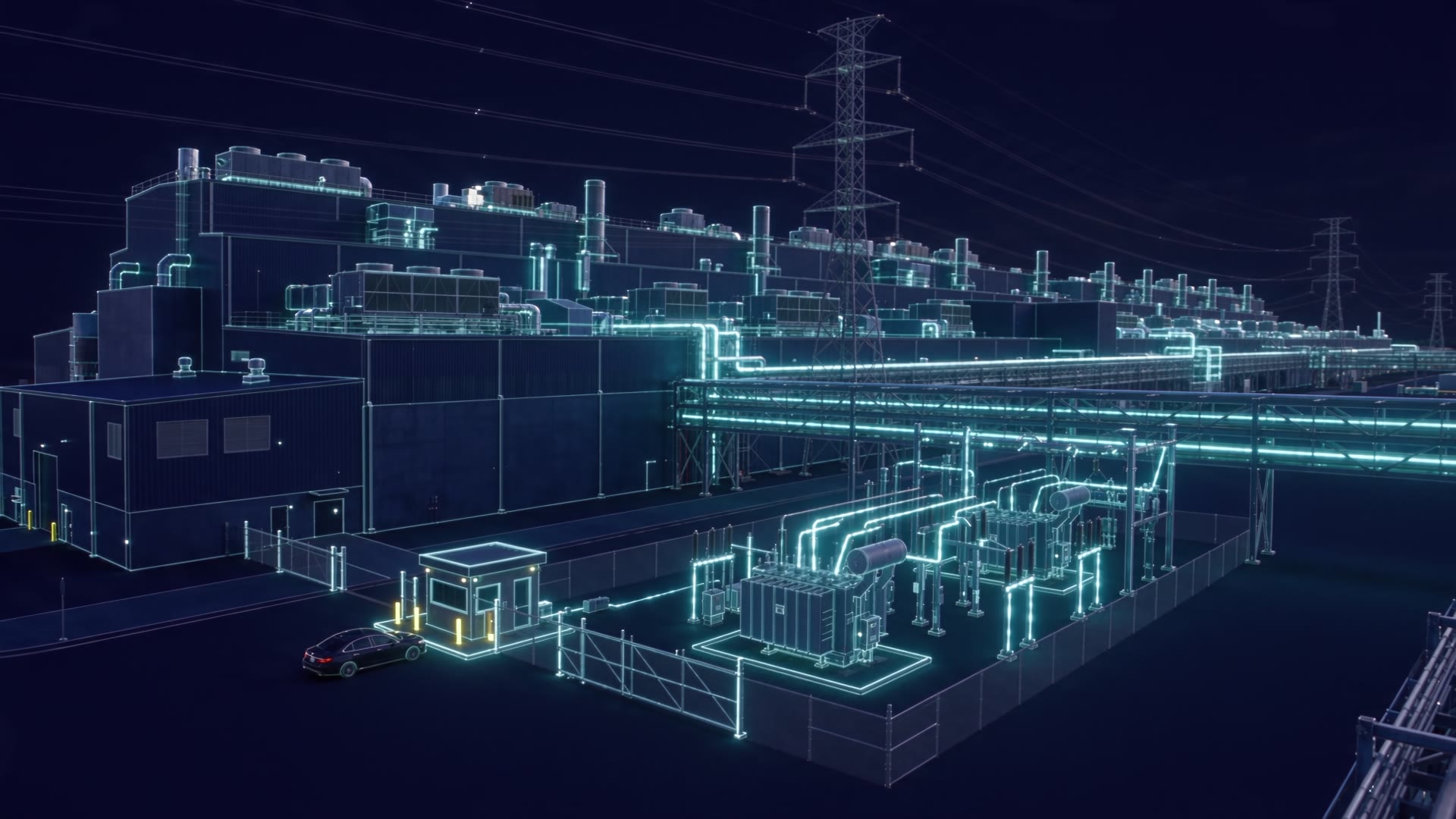 A gas-fired power plant and substation mid-transformation, energy-flow lighting tracing the pipe racks at dusk.